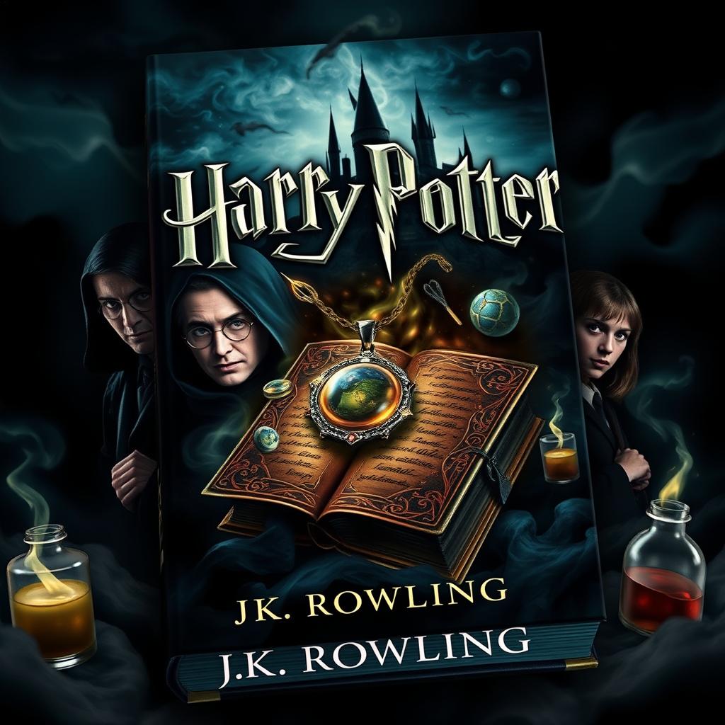 A dark and mysterious book cover featuring iconic elements from the Harry Potter series