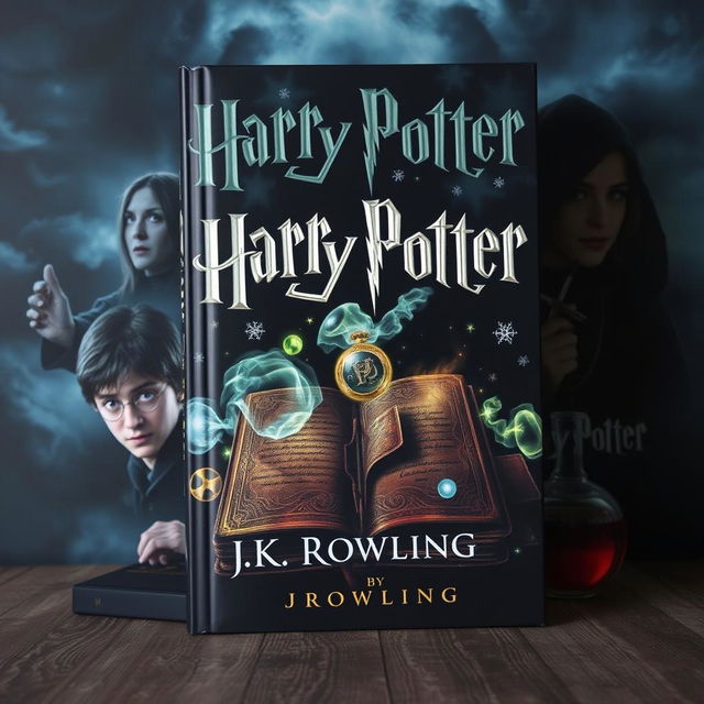 A dark and mysterious book cover featuring iconic elements from the Harry Potter series