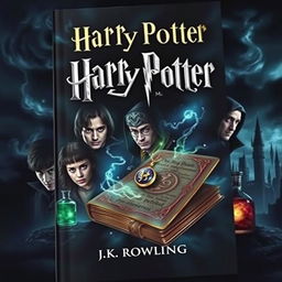 A dark and mysterious book cover featuring iconic elements from the Harry Potter series