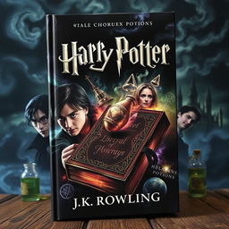 A dark and mysterious book cover featuring iconic elements from the Harry Potter series