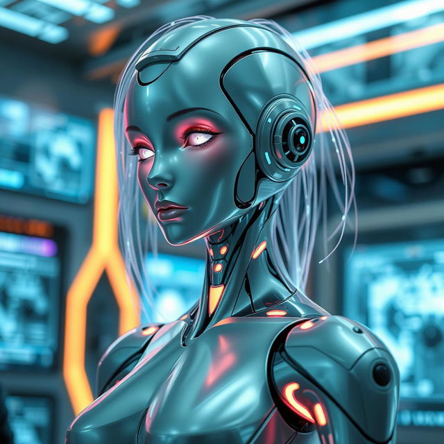 Futuristic humanoid robot with feminine features, featuring sleek metallic body and soft glowing lights