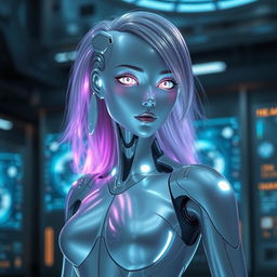 Futuristic humanoid robot with feminine features, featuring sleek metallic body and soft glowing lights