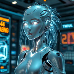 Futuristic humanoid robot with feminine features, featuring sleek metallic body and soft glowing lights