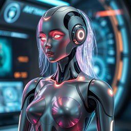 Futuristic humanoid robot with feminine features, featuring sleek metallic body and soft glowing lights