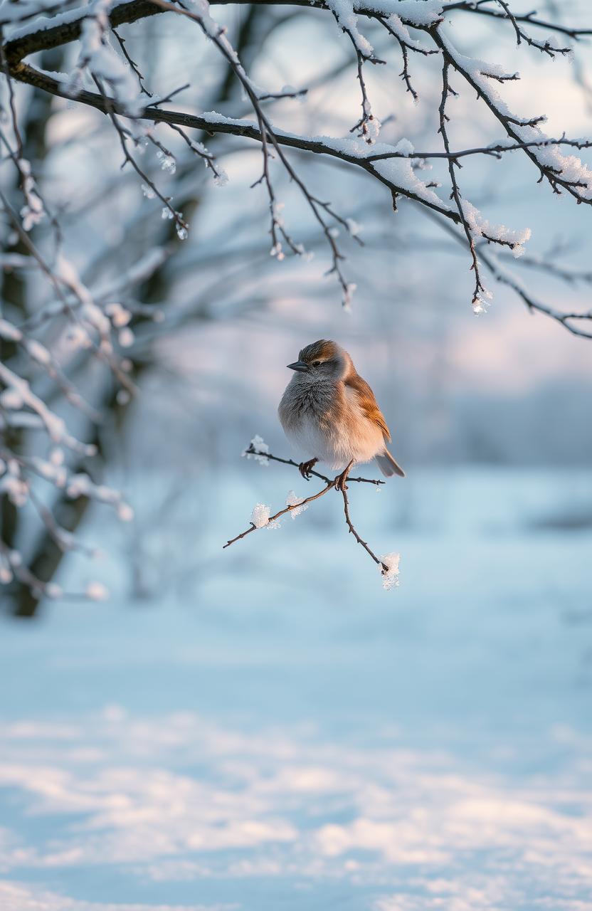 A serene winter landscape, covered in a light dusting of snow, highlighting the delicate beauty of snowflakes resting gently on tree branches