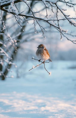 A serene winter landscape, covered in a light dusting of snow, highlighting the delicate beauty of snowflakes resting gently on tree branches