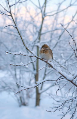 A serene winter landscape, covered in a light dusting of snow, highlighting the delicate beauty of snowflakes resting gently on tree branches