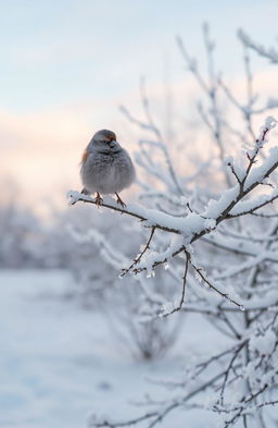 A serene winter landscape, covered in a light dusting of snow, highlighting the delicate beauty of snowflakes resting gently on tree branches