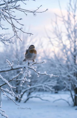 A serene winter landscape, covered in a light dusting of snow, highlighting the delicate beauty of snowflakes resting gently on tree branches