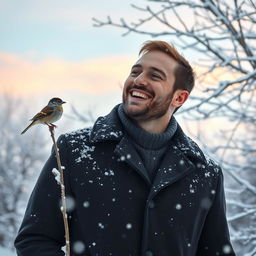 A serene winter landscape, featuring a man standing amidst a gentle snowfall, his face lighting up with happiness as he gazes at a small bird, such as a sparrow, perched on a snow-dusted branch