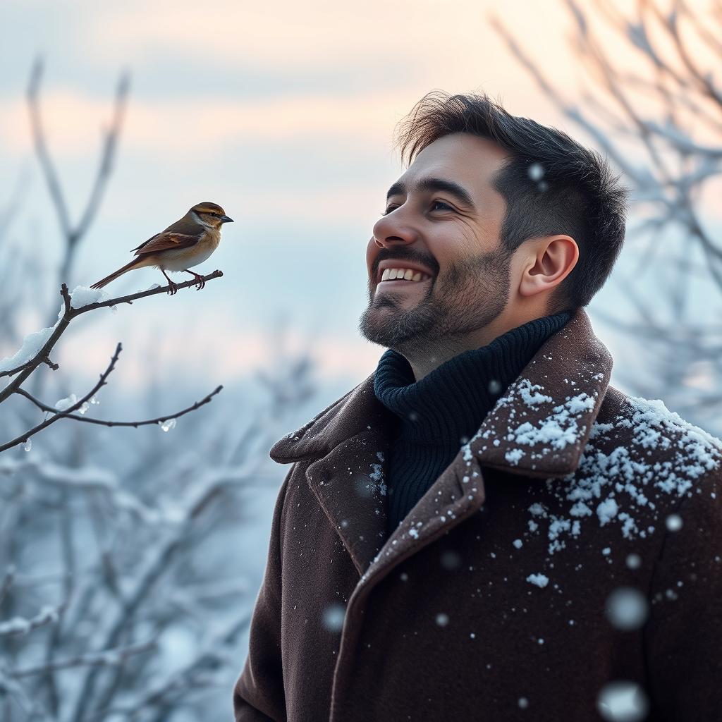 A serene winter landscape, featuring a man standing amidst a gentle snowfall, his face lighting up with happiness as he gazes at a small bird, such as a sparrow, perched on a snow-dusted branch