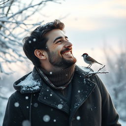 A serene winter landscape, featuring a man standing amidst a gentle snowfall, his face lighting up with happiness as he gazes at a small bird, such as a sparrow, perched on a snow-dusted branch