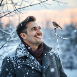 A serene winter landscape, featuring a man standing amidst a gentle snowfall, his face lighting up with happiness as he gazes at a small bird, such as a sparrow, perched on a snow-dusted branch