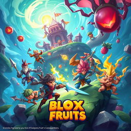 Epic battle scene in the world of Blox Fruits, featuring a group of powerful characters raiding a dangerous island for dough fruits