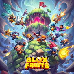 Epic battle scene in the world of Blox Fruits, featuring a group of powerful characters raiding a dangerous island for dough fruits