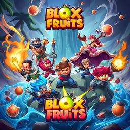 Epic battle scene in the world of Blox Fruits, featuring a group of powerful characters raiding a dangerous island for dough fruits