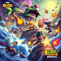 Epic battle scene in the world of Blox Fruits, featuring a group of powerful characters raiding a dangerous island for dough fruits