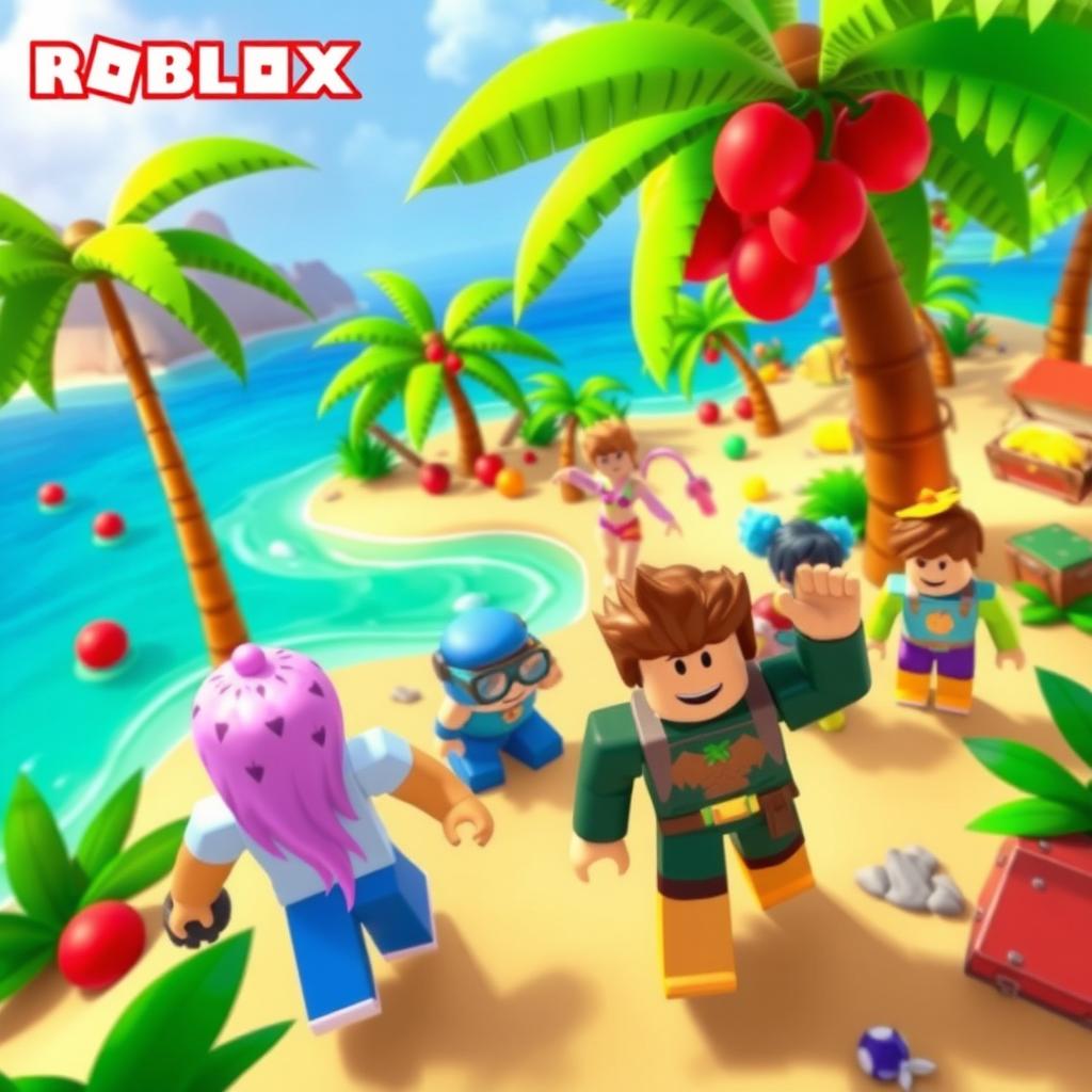 A vibrant and immersive scene from the Roblox game Blox Fruits, showing players exploring a lively island with fruit trees and engaging in quests