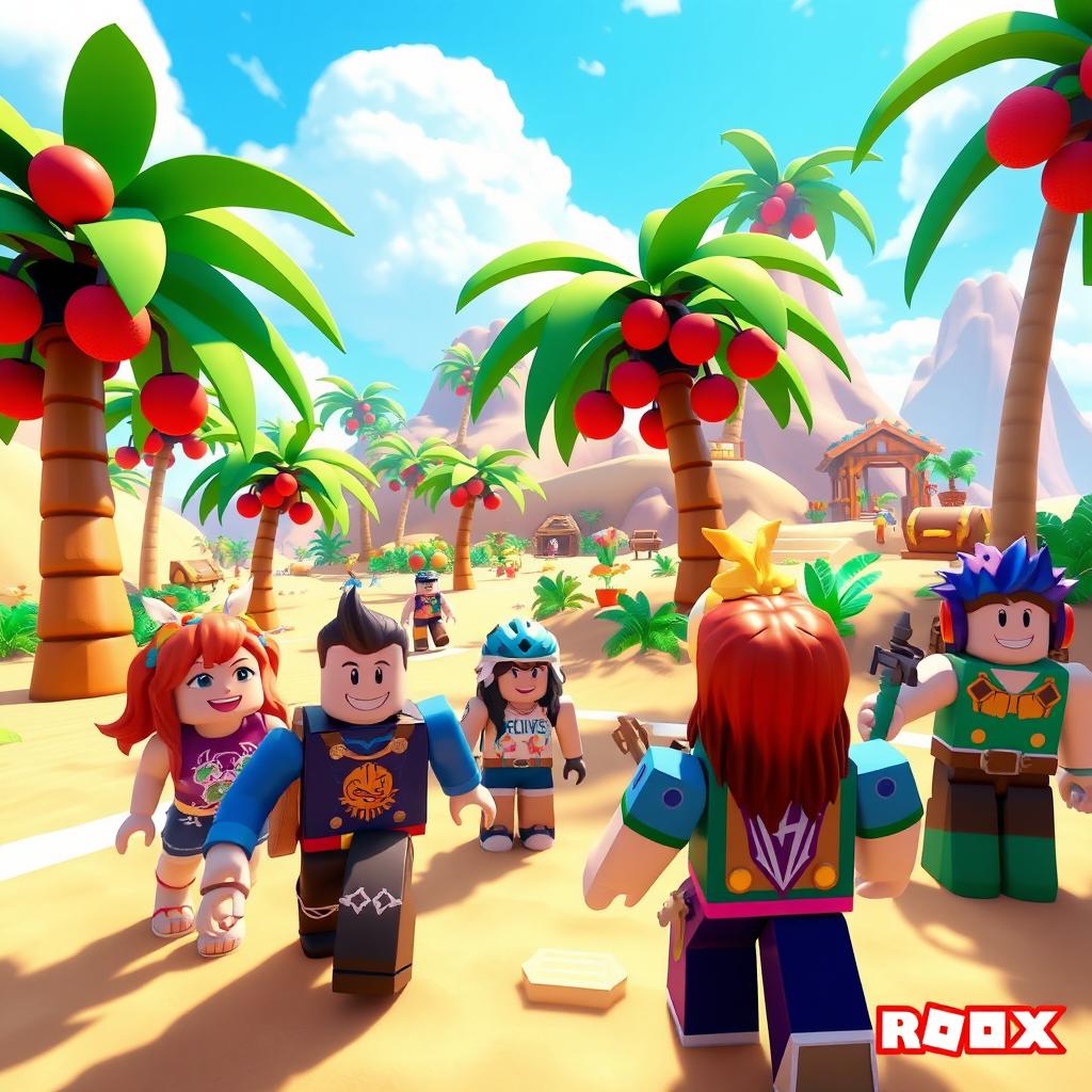 A vibrant and immersive scene from the Roblox game Blox Fruits, showing players exploring a lively island with fruit trees and engaging in quests