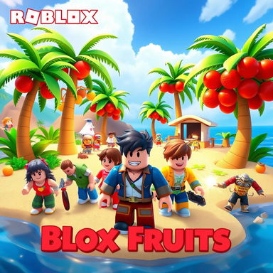 A vibrant and immersive scene from the Roblox game Blox Fruits, showing players exploring a lively island with fruit trees and engaging in quests