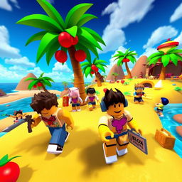 A vibrant and immersive scene from the Roblox game Blox Fruits, showing players exploring a lively island with fruit trees and engaging in quests