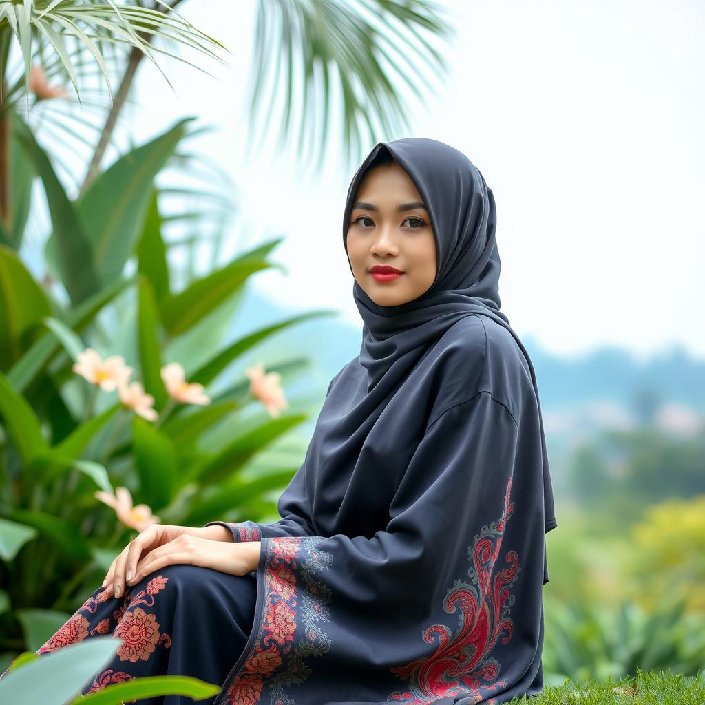 Elegant Indonesian woman wearing a hijab sitting gracefully in a scenic garden