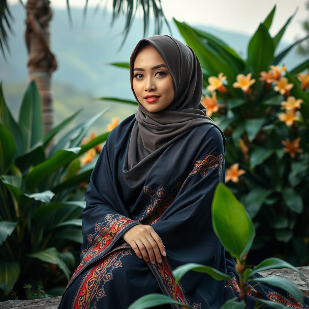 Elegant Indonesian woman wearing a hijab sitting gracefully in a scenic garden