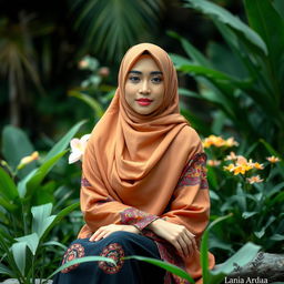 Elegant Indonesian woman wearing a hijab sitting gracefully in a scenic garden