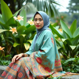 Elegant Indonesian woman wearing a hijab sitting gracefully in a scenic garden