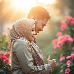 A romantic scene featuring an Indonesian couple sharing a tender moment