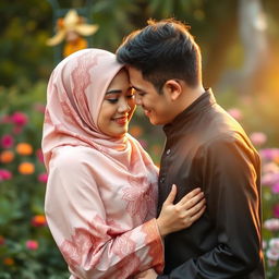 A romantic scene featuring an Indonesian couple sharing a tender moment