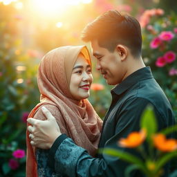 A romantic scene featuring an Indonesian couple sharing a tender moment