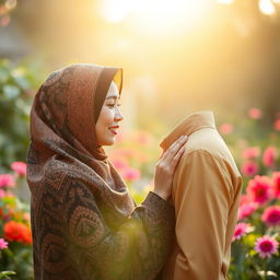 A romantic scene featuring an Indonesian couple sharing a tender moment