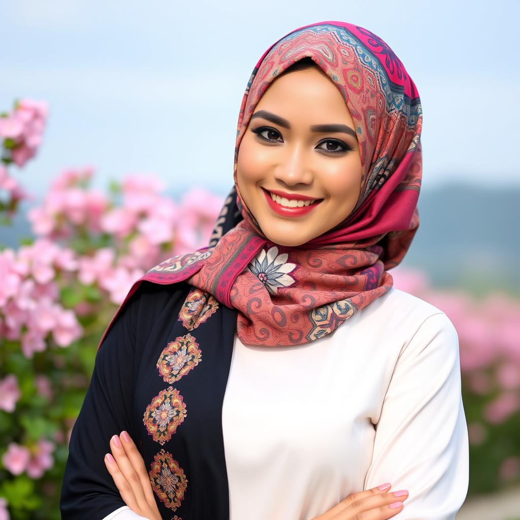 elegant woman wearing a colorful, intricately patterned hijab, posing confidently with a charming smile, set against a beautiful natural backdrop with blooming flowers