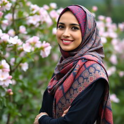 elegant woman wearing a colorful, intricately patterned hijab, posing confidently with a charming smile, set against a beautiful natural backdrop with blooming flowers