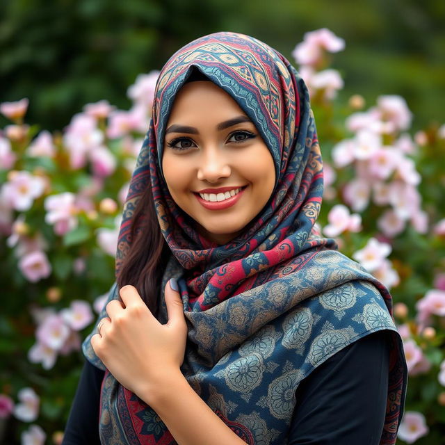 elegant woman wearing a colorful, intricately patterned hijab, posing confidently with a charming smile, set against a beautiful natural backdrop with blooming flowers