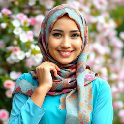 elegant woman wearing a colorful, intricately patterned hijab, posing confidently with a charming smile, set against a beautiful natural backdrop with blooming flowers