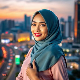 Glamorous Indonesian woman wearing a stylish hijab, showcasing her beauty with a confident pose and a warm smile, set against a vibrant cityscape at twilight, capturing the essence of Indonesian urban life