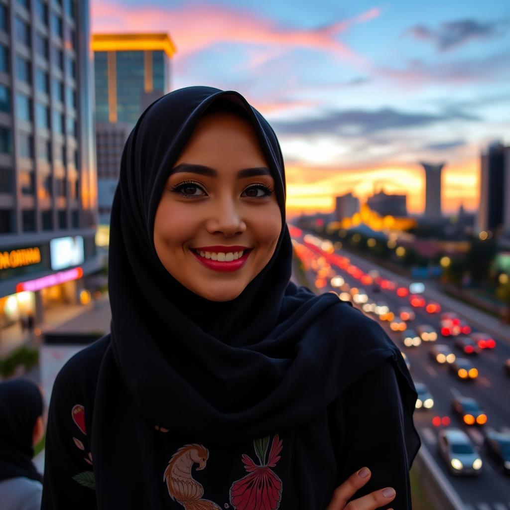 Glamorous Indonesian woman wearing a stylish hijab, showcasing her beauty with a confident pose and a warm smile, set against a vibrant cityscape at twilight, capturing the essence of Indonesian urban life