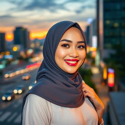 Glamorous Indonesian woman wearing a stylish hijab, showcasing her beauty with a confident pose and a warm smile, set against a vibrant cityscape at twilight, capturing the essence of Indonesian urban life