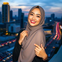 Glamorous Indonesian woman wearing a stylish hijab, showcasing her beauty with a confident pose and a warm smile, set against a vibrant cityscape at twilight, capturing the essence of Indonesian urban life