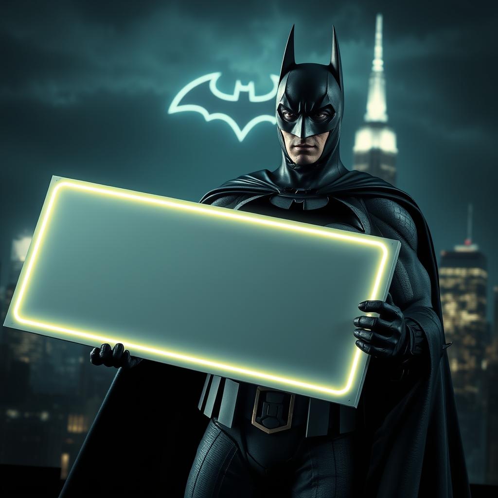 Batman holding a sign, standing confidently in a dramatic cityscape at night