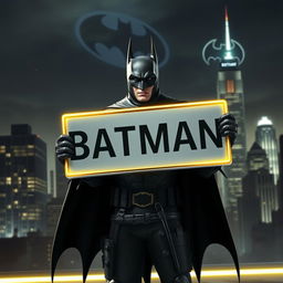 Batman holding a sign, standing confidently in a dramatic cityscape at night