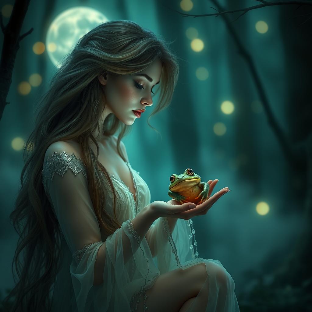 A gorgeous witch with enchanting features and long flowing hair, wearing sheer mystical clothing that accentuates her enchanting aura, gently holding and kissing a frog in a moonlit forest