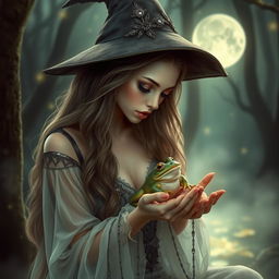 A gorgeous witch with enchanting features and long flowing hair, wearing sheer mystical clothing that accentuates her enchanting aura, gently holding and kissing a frog in a moonlit forest