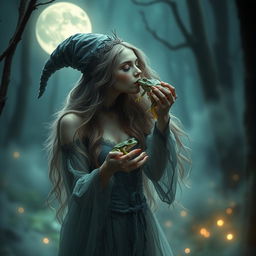 A gorgeous witch with enchanting features and long flowing hair, wearing sheer mystical clothing that accentuates her enchanting aura, gently holding and kissing a frog in a moonlit forest