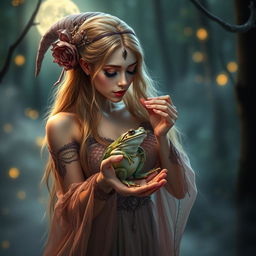 A gorgeous witch with enchanting features and long flowing hair, wearing sheer mystical clothing that accentuates her enchanting aura, gently holding and kissing a frog in a moonlit forest