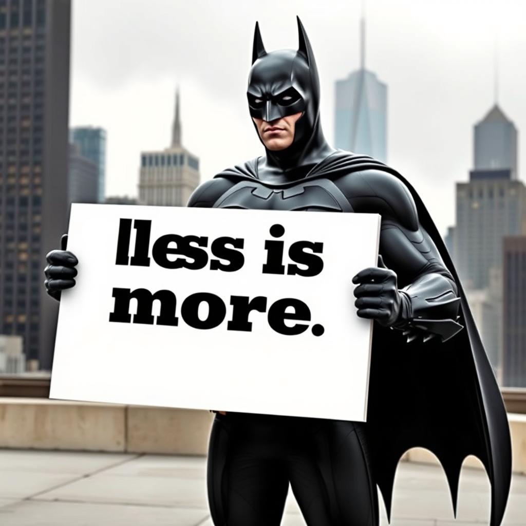 Batman holds a sign with the slogan 'less is more' in bold letters