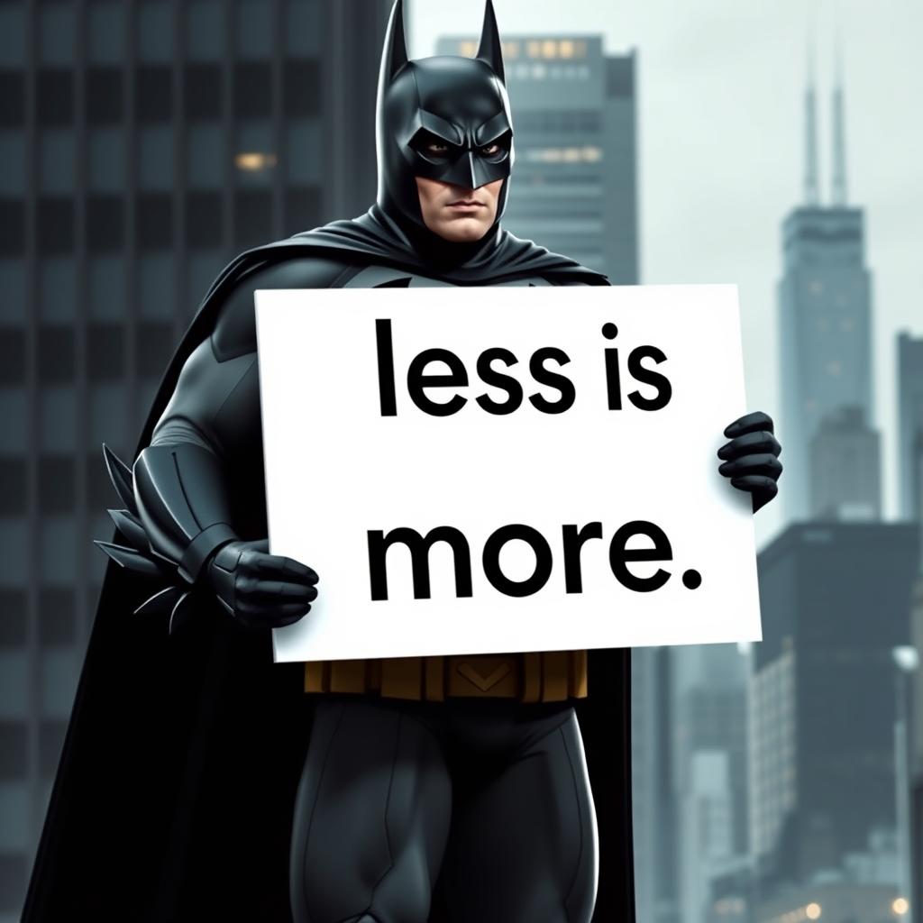 Batman holds a sign with the slogan 'less is more' in bold letters