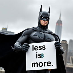 Batman holds a sign with the slogan 'less is more' in bold letters